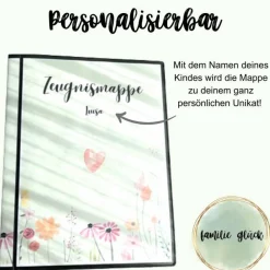 Personalisierte Zeugnismappe mit Name, grün floral, Geschenk Einschulung, Schulkind, Zeugnisordner, Schulstart, Mappe