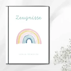 Personalisierte Zeugnismappe "Regenbogen", Geschenk zur Einschulung, A4 Sichtbuch mit Namen