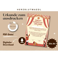 Personalisierte Zirkus Urkunde für den Kindergeburtstag | Selbst ausdrucken | Digitale Datei | DIN A4 | Mitgebsel