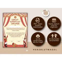Personalisierte Zirkus Urkunde für den Kindergeburtstag | Selbst ausdrucken | Digitale Datei | DIN A4 | Mitgebsel