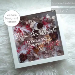 Personalisierter Brautstrauß im weißen Bilderrahmen – Einzigartige Hochzeitserinnerung 27x27x6 cm Motiv 1-8