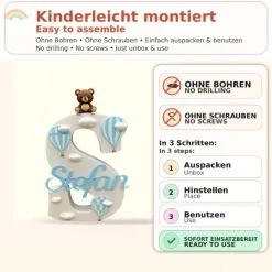 Personalisierter Buchstabe, Heißluftballon & Teddy,personalisiertes Geschenk, Kinderzimmer Deko, Handmade, Taufgeschenk,
