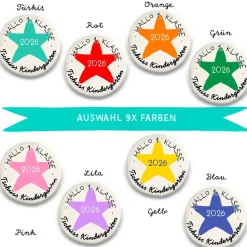Personalisierter Button Tschüss Kindergarten 2026 | Wunschname & Stern | 9 Farben | 38/59mm