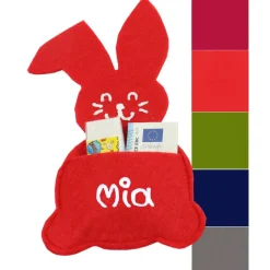 Personalisierter Filzhase mit Füße und Tasche in verschiedenen Farben - Geldgeschenkverpackung zu Ostern mit Name