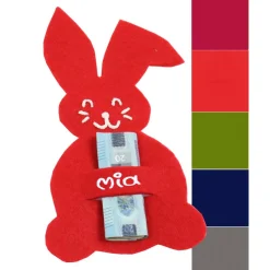 Personalisierter Filzhase mit Füße und Einstecklasche in verschiedenen Farben Geldgeschenkverpackung zu Ostern mit Name