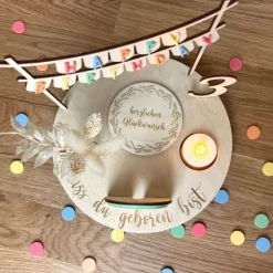 Personalisierter Geburtstagsteller bunt mit LED Licht und Regenbogen