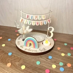 Personalisierter Geburtstagsteller bunt mit LED Licht und Regenbogen
