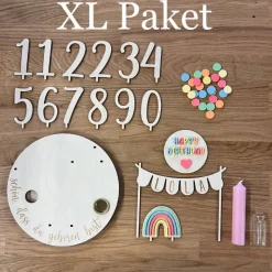 Personalisierter Geburtstagsteller bunt mit Wimpelkette und Regenbogen