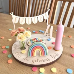 Personalisierter Geburtstagsteller bunt mit Wimpelkette und Regenbogen