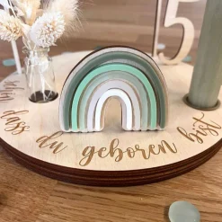 Personalisierter Geburtstagsteller pastellgrün mit Vase und Kerze