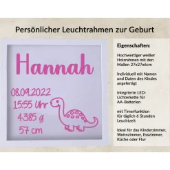Personalisierter Leuchtrahmen MIT TIMER Geschenk zur Geburt, Taufe, Babygeschenk für Mädchen oder Junge, Bilderahmen