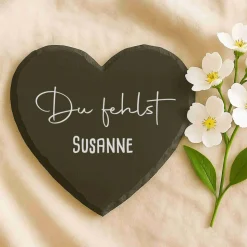 Personalisierter Schieferherz-Gedenkstein mit Gravur – Wetterfester Grabschmuck mit Namen