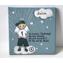 Personalisierter Schutzengel Fußballer Junge – Handgemaltes Geschenk zur Taufe & Geburt, 20x20cm