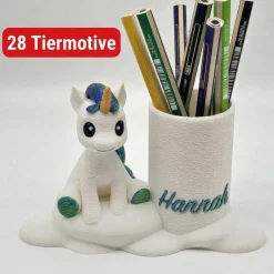 Personalisierter Stiftehalter zur Einschulung mit 28 Tiermotiven – Schreibtisch Organizer - Stifthalter für Kinder