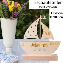Personalisierter Tischaufsteller zur Taufe Boot Geschenk Dekoration Holz Deko Aufsteller
