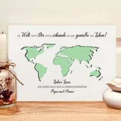 Personalisiertes Erinnerungsstück zur Konfirmation | Geldgeschenk im Bilderrahmen mit Weltkarte Abendteurer