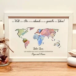 Personalisiertes Erinnerungsstück zur Konfirmation | Geldgeschenk im Bilderrahmen mit Weltkarte Abendteurer