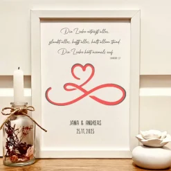 Personalisiertes Erinnerungsstück zur Hochzeit Geldgeschenk mit Trauspruch " Die Liebe hört niemals auf"