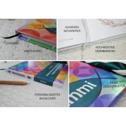 personalisiertes farbenfrohes Gästebuch zur Kommunion mit Fischen und Kreisen in Regenbogenfarben auch mit Gästefragen