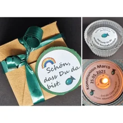 Personalisiertes Gastgeschenk zur Kommunion & Konfirmation – Teelicht mit Botschaft, Glashalter & Geschenkbox