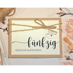 Personalisiertes Geldgeschenk 50. Geburtstag – Geschenkbox mit Glückwunschkarte & Leinensäckchen