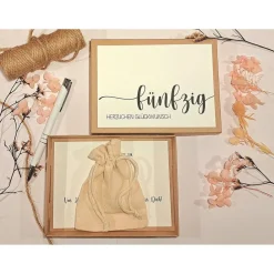 Personalisiertes Geldgeschenk 50. Geburtstag – Geschenkbox mit Glückwunschkarte & Leinensäckchen