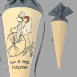 Personalisiertes Geldgeschenk zur Hochzeit – Bestickte Schultüte aus Leinen, Unikat für Brautpaar, Silberhochzeit & Goldhochzeit