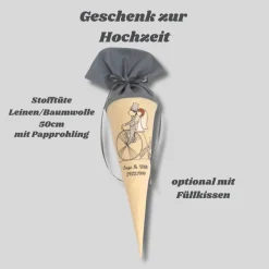 Personalisiertes Geldgeschenk zur Hochzeit – Bestickte Schultüte aus Leinen, Unikat für Brautpaar, Silberhochzeit & Goldhochzeit