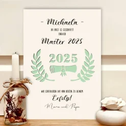 Personalisiertes Geldgeschenk zur Abschlussfeier: Master, Bachelor, Abitur & Ausbildung – Individuelles A4-Bild mit Blätterkranz & Urkunde