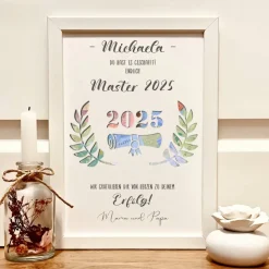 Personalisiertes Geldgeschenk zur Abschlussfeier: Master, Bachelor, Abitur & Ausbildung – Individuelles A4-Bild mit Blätterkranz & Urkunde