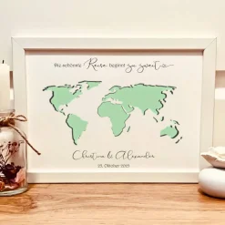 Personalisiertes Geldgeschenk Hochzeit – Weltkarte & Spruch "Die schönste Reise beginnt zu zweit" A4