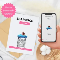 Personalisiertes Geldgeschenk | Führerschein Zuschuss | Digitales Sparbuch | Geschenkkarte | Auto Mädchen Pink