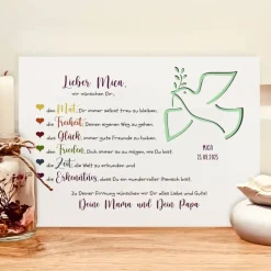 Personalisiertes Geldgeschenk zur Firmung – Bilderrahmen mit Friedenstaube & Wunschname