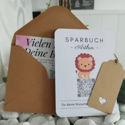 Personalisiertes Geldgeschenk | Virtuelles Sparbuch | QrCode Geschenkkarte | Löwe