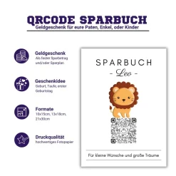 Personalisiertes Geldgeschenk | Virtuelles Sparbuch | QrCode Geschenkkarte | Löwe