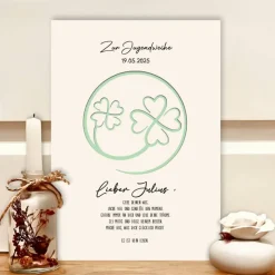 Personalisiertes Geldgeschenk Jugendweihe im Bilderrahmen mit Glückskleeblatt