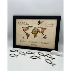 Personalisiertes Geldgeschenk Weltkarte aus Holz – Geschenk zur Konfirmation, Taufe, Kommunion & Firmung im Bilderrahmen