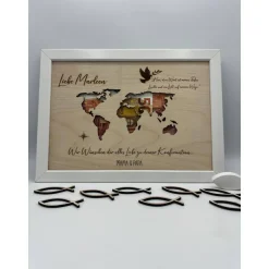 Personalisiertes Geldgeschenk Weltkarte aus Holz – Geschenk zur Konfirmation, Taufe, Kommunion & Firmung im Bilderrahmen