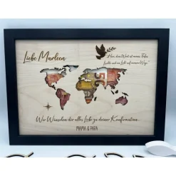 Personalisiertes Geldgeschenk Weltkarte aus Holz – Geschenk zur Konfirmation, Taufe, Kommunion & Firmung im Bilderrahmen