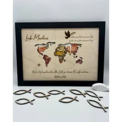 Personalisiertes Geldgeschenk Weltkarte aus Holz – Geschenk zur Konfirmation, Taufe, Kommunion & Firmung im Bilderrahmen