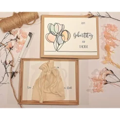 Personalisiertes Geldgeschenk zum Geburtstag – Geschenkbox mit Namen & Ballons | Inklusive Glückwunschkarte & Leinensäckchen