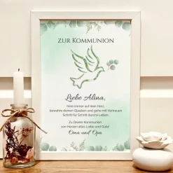 Personalisiertes Geldgeschenk zur Kommunion – Kommunionsgeschenk Bilderrahmen mit Namen & Taubenmotiv