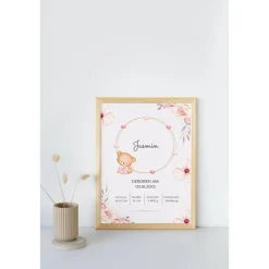 Personalisiertes Geschenk zur Geburt | Geburtstafel rosa | Geburtsdaten Poster Bär | Geburtsbild | personalisiertes Gesc