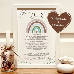 Personalisiertes Geschenkbild zur Erstkommunion für Jungen – Kommunionsgeschenk mit Namen & Regenbogenmotiv
