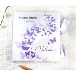 personalisiertes Gästebuch & Album zur Taufe mit Schmetterlingen in Pink & Rosa blanko o. mit Fragebogen