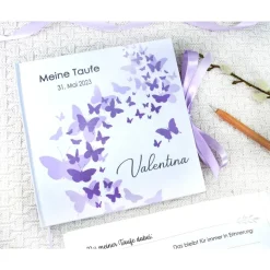 personalisiertes Gästebuch & Album zur Taufe mit Schmetterlingen in Pink & Rosa blanko o. mit Fragebogen