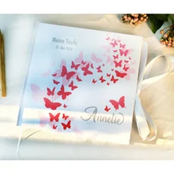 personalisiertes Gästebuch & Album zur Taufe mit Schmetterlingen in Pink & Rosa blanko o. mit Fragebogen
