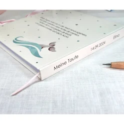 personalisiertes Gästebuch zur Taufe mit Wal, Welle, Herz in Grau & Rosa blanko od. mit Fragen / Fragebogen