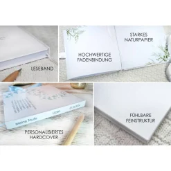 personalisiertes Gästebuch & Album zur Taufe mit Herz aus Schmetterlingen in Hellblau blanko o. mit Fragebogen