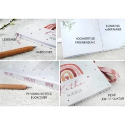 personalisiertes Gästebuch zur Taufe Regenbogen, Herz & Punkte blanko o. mit Fragen / Fragebogen Beere Altrosa Bordeaux